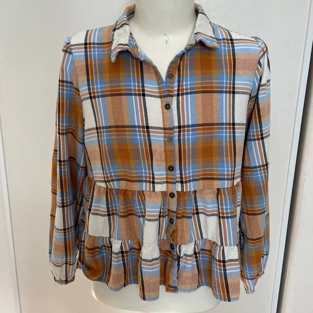 Blue rain Plaid Tiered Button Down Crop Blouse Top